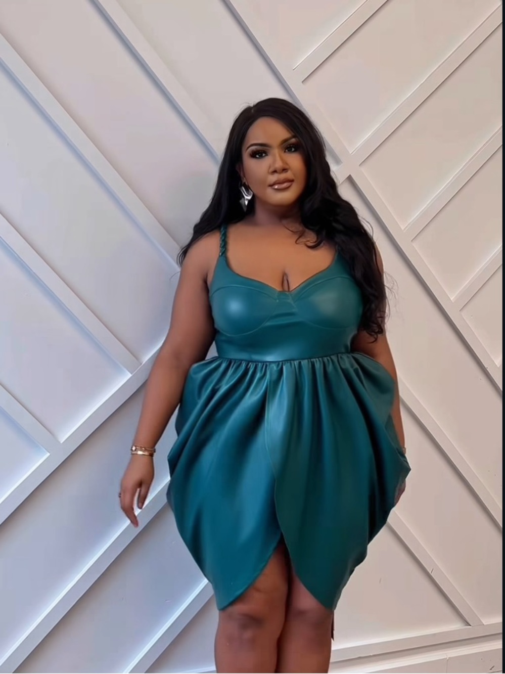 Plus-Size Teal Faux-Leather Mini Dress with Tulip Skirt